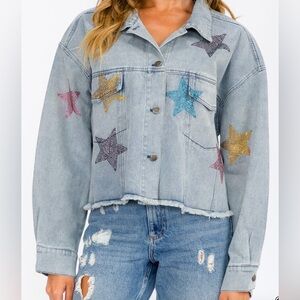 New Light Blue Multicolor Rhinestone Stars Denim Jacket Oversized Medium